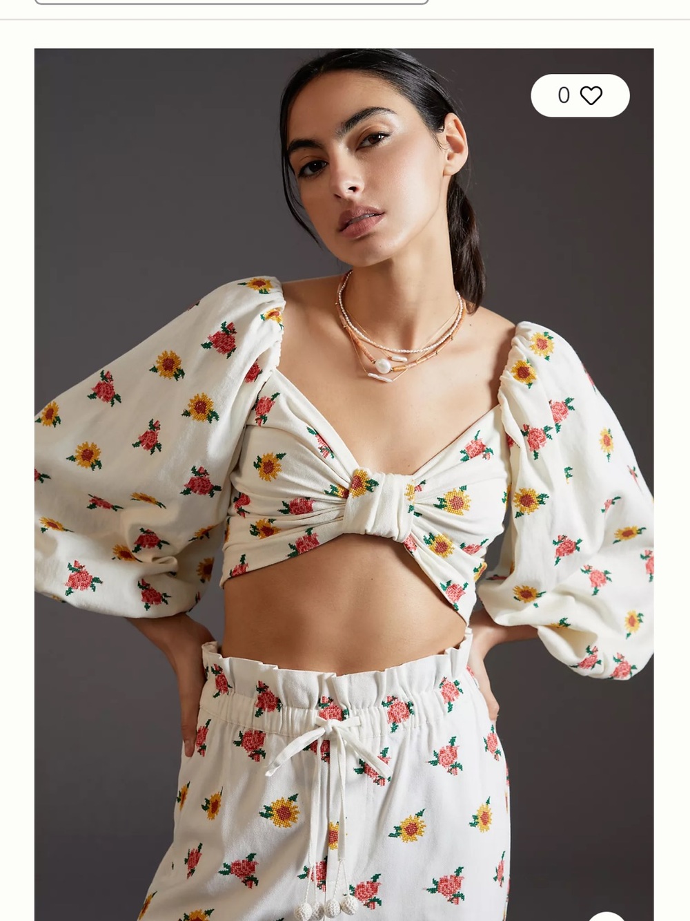 Farm Rio Embroidered Women's Floral Tie-Front Puff Sleeve Crop Top - White